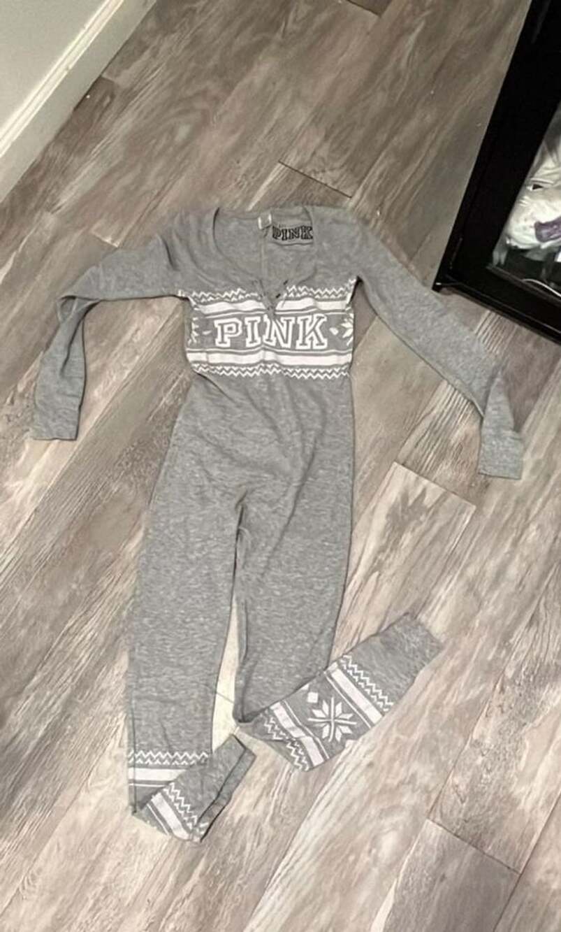 Victoria's Secret PINK One Piece Pajama Gray Fair Isle Thermal Union Suit